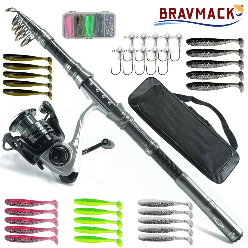 BRAVMACK Carbon Fiber Telescopic Fishing Rod Combo 82.68" Includes Reel Lures Hooks Dual Layer Tackle Bag Fishing Gear