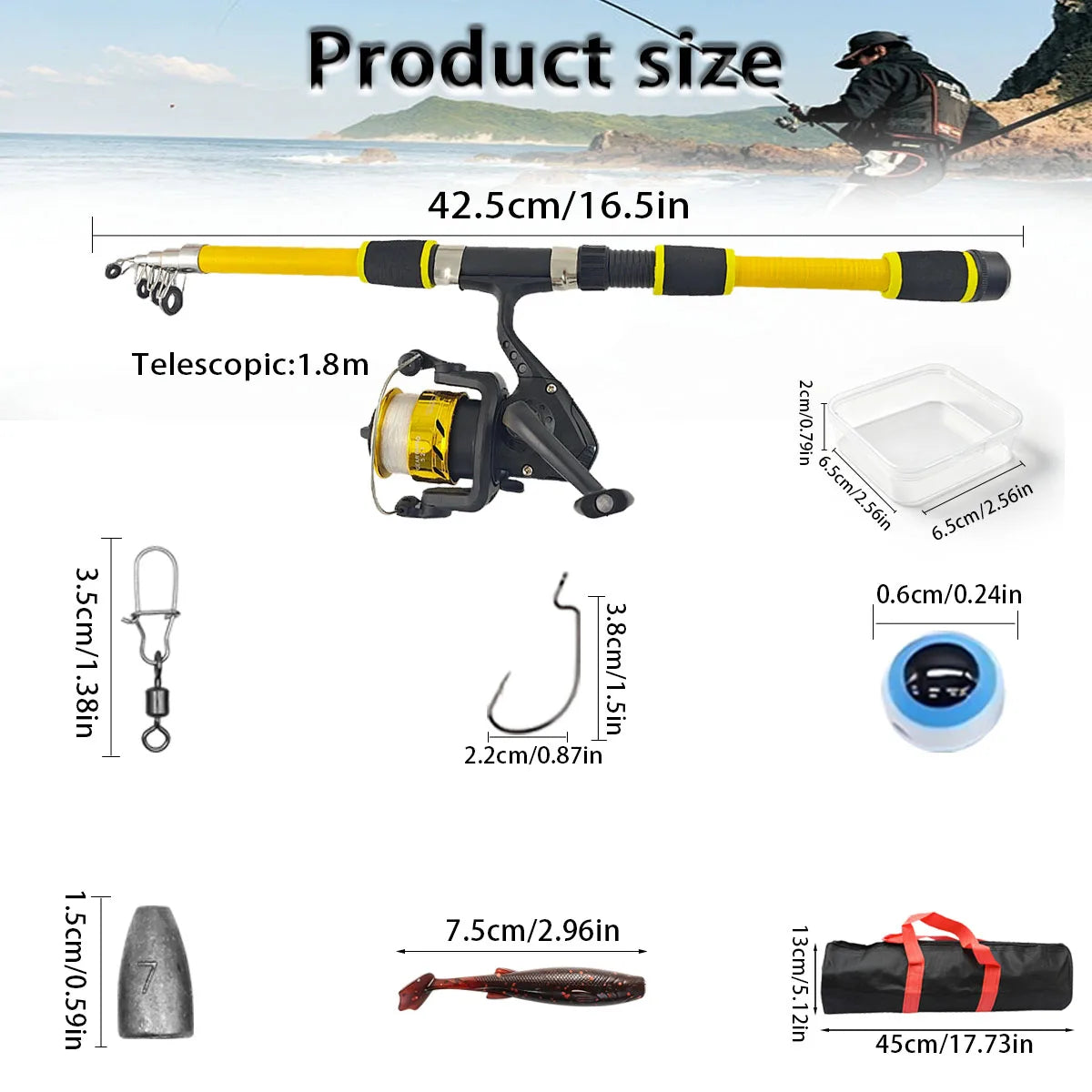1.8m Telescopic Fishing Rod Set, Portable Carp Spinning Fishing Rod, Includes Spinning Reel, Fishing Bait, Hooks,Fishing Rod Kit