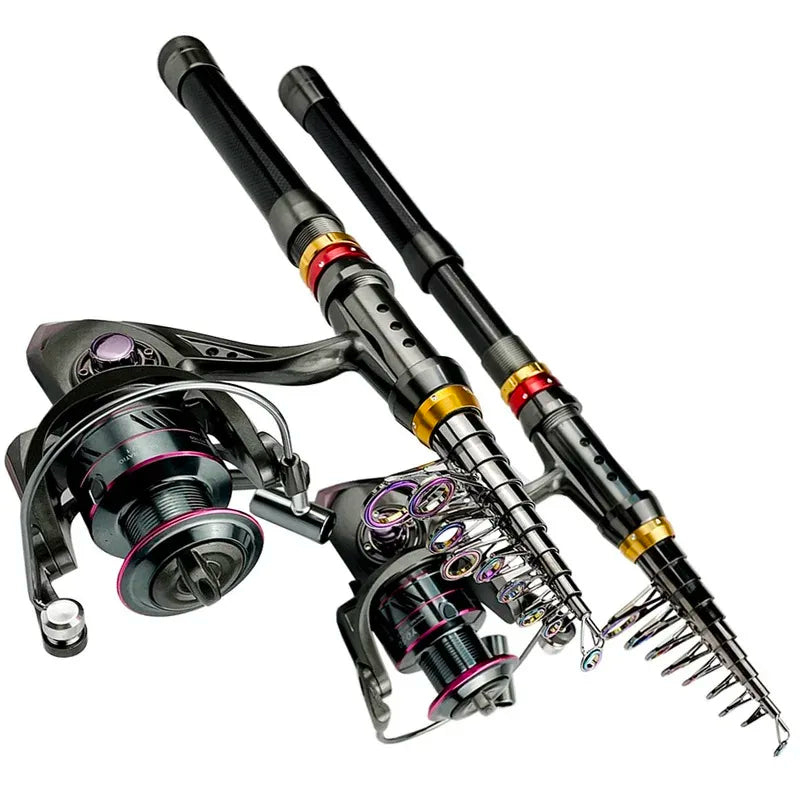 Carbon Fiber Fishing Rod And Reel Combo 1.8-3.6m Telescopic Super Hard Spinning Reel Kit with Max Resistance 3-8kg for Pesca