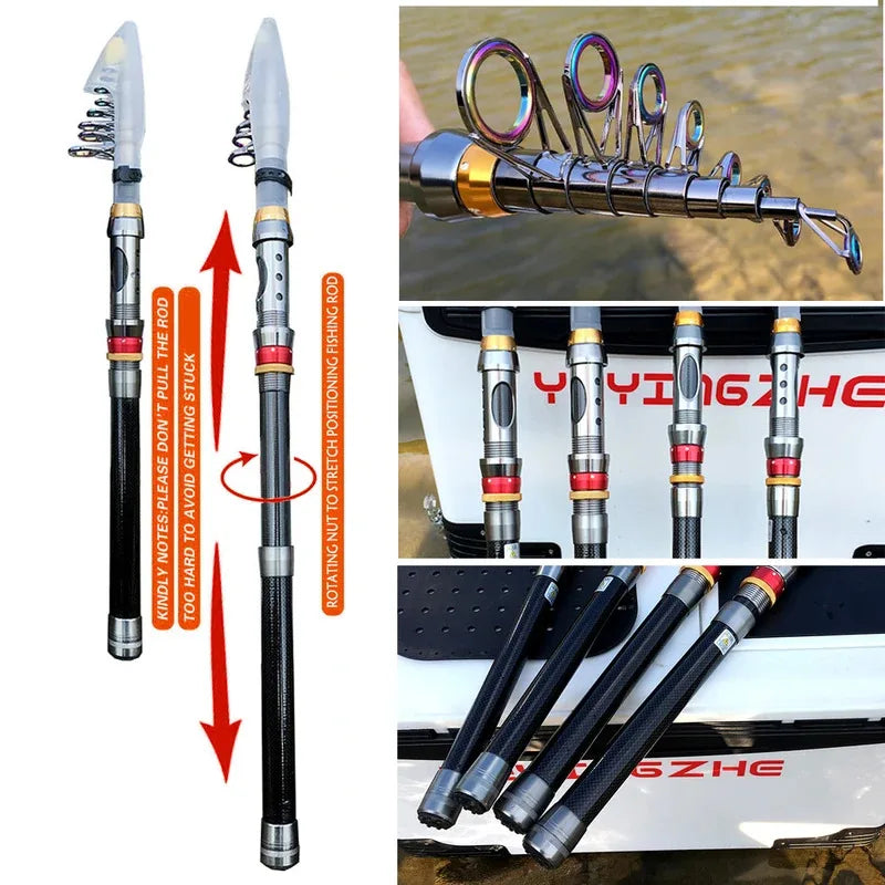Carbon Fiber Fishing Rod And Reel Combo 1.8-3.6m Telescopic Super Hard Spinning Reel Kit with Max Resistance 3-8kg for Pesca