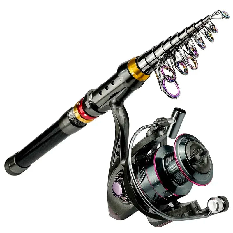 Carbon Fiber Fishing Rod And Reel Combo 1.8-3.6m Telescopic Super Hard Spinning Reel Kit with Max Resistance 3-8kg for Pesca