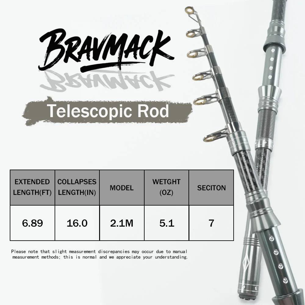 BRAVMACK Carbon Fiber Telescopic Fishing Rod Combo 82.68" Includes Reel Lures Hooks Dual Layer Tackle Bag Fishing Gear