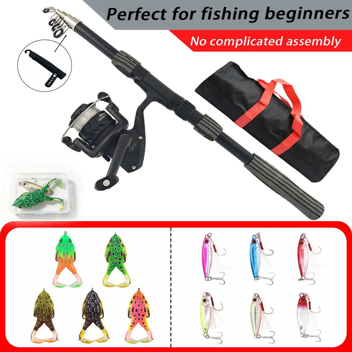 Telescopic Spinning Fishing Rod Reel Combo with Frog Lures Hard Baits Storage Bag Portable Beginner Outdoor Fishing Tackle Kit