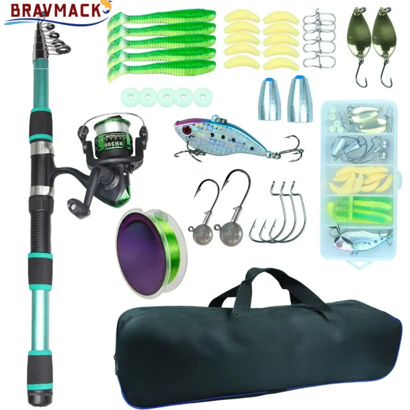 BRAVMACK Fishing Rod and Reel Line Lure Set Carbon Fiber Telescopic Fishing Rod 5.2:1BB Spinning Reel for Saltwater Freshwater