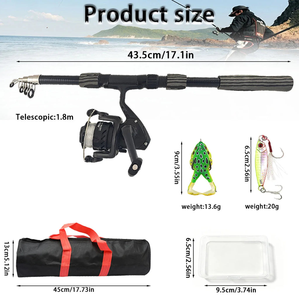 Telescopic Spinning Fishing Rod Reel Combo with Frog Lures Hard Baits Storage Bag Portable Beginner Outdoor Fishing Tackle Kit