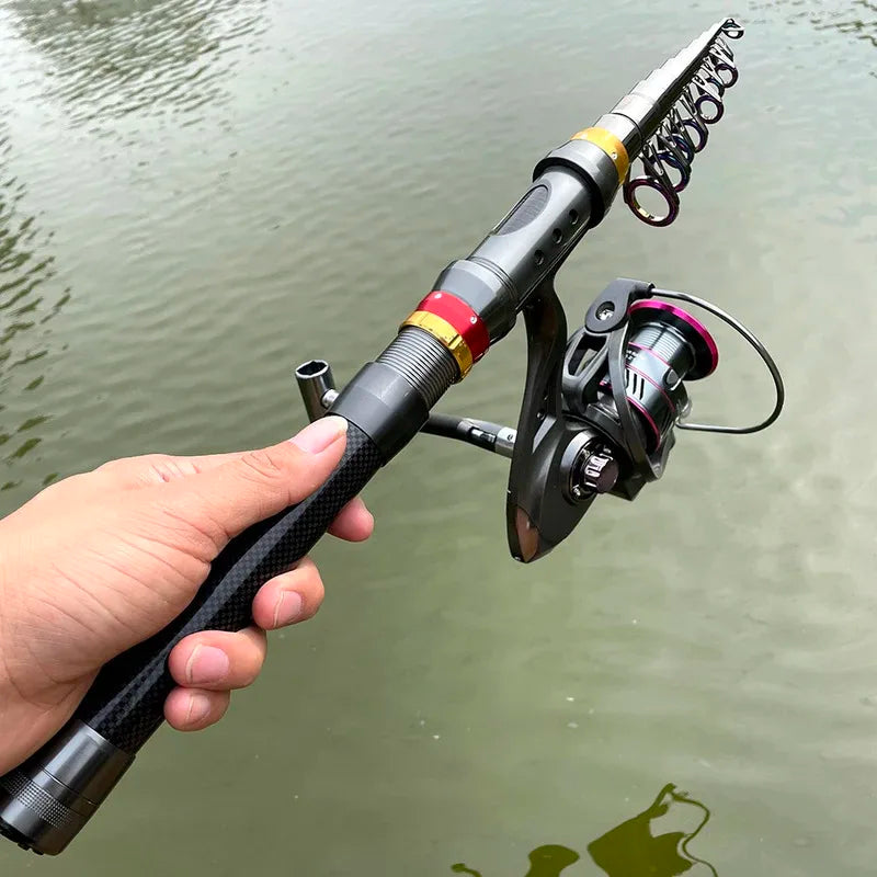 Carbon Fiber Fishing Rod And Reel Combo 1.8-3.6m Telescopic Super Hard Spinning Reel Kit with Max Resistance 3-8kg for Pesca